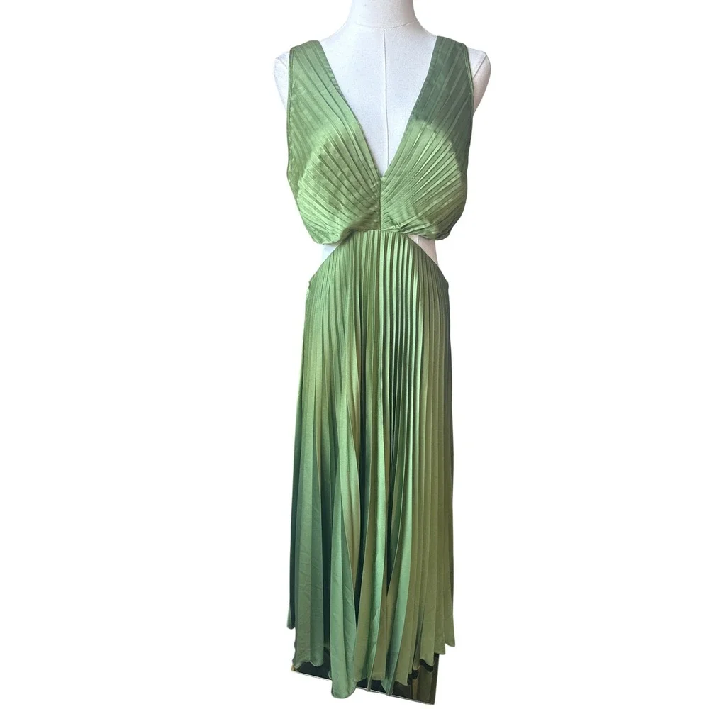 Abercrombie & Fitch Pleated Green Cut Out Maxi Dress Sz L Deep V Satin Goddess - Picture 2 of 8